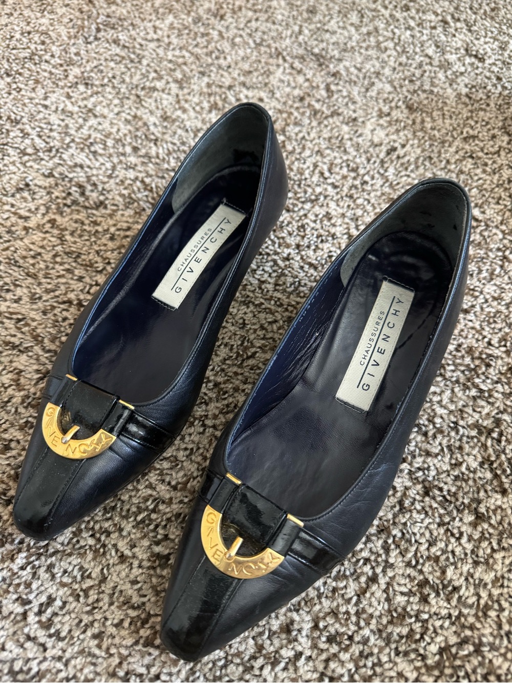 Givenchy Black Leather Pointed Flats with Gold Medallion
